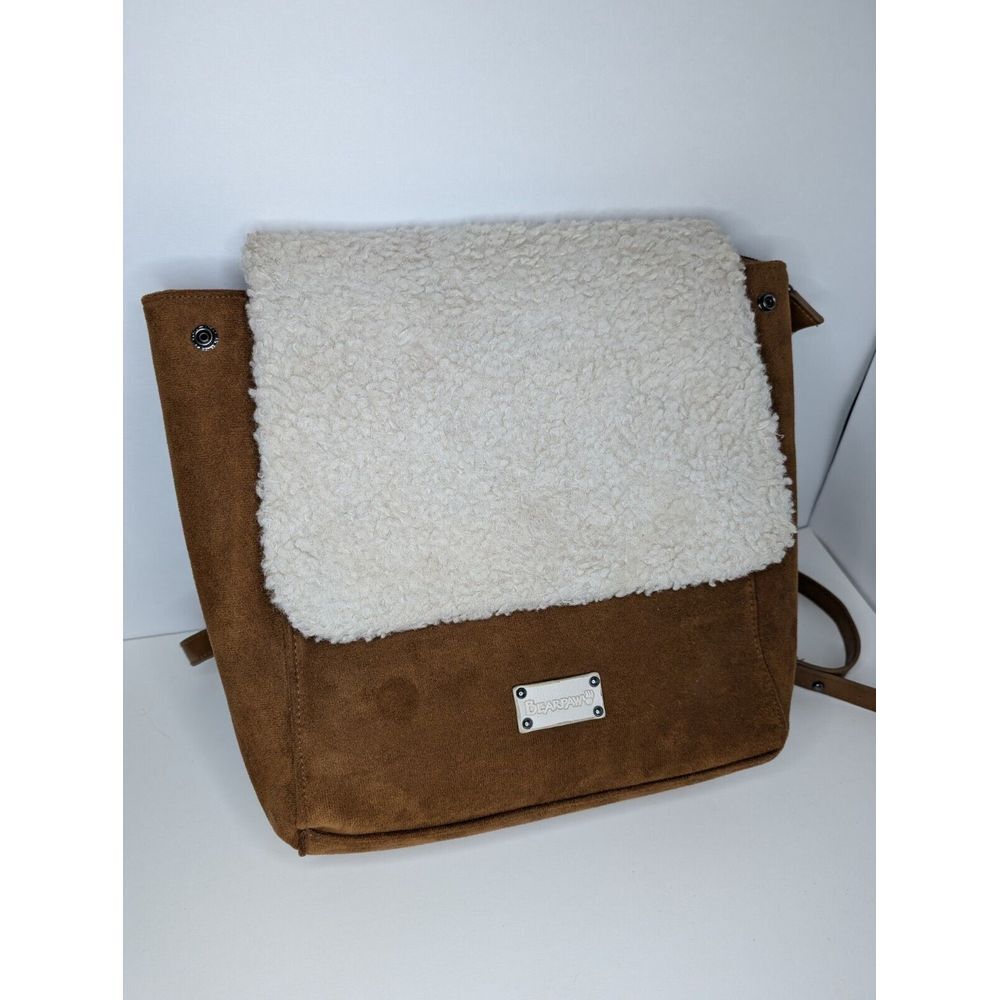 BEARPAW Backpack Bag Brown Faux Suede Shearling Flap Women's Purse 10in X 9.5in